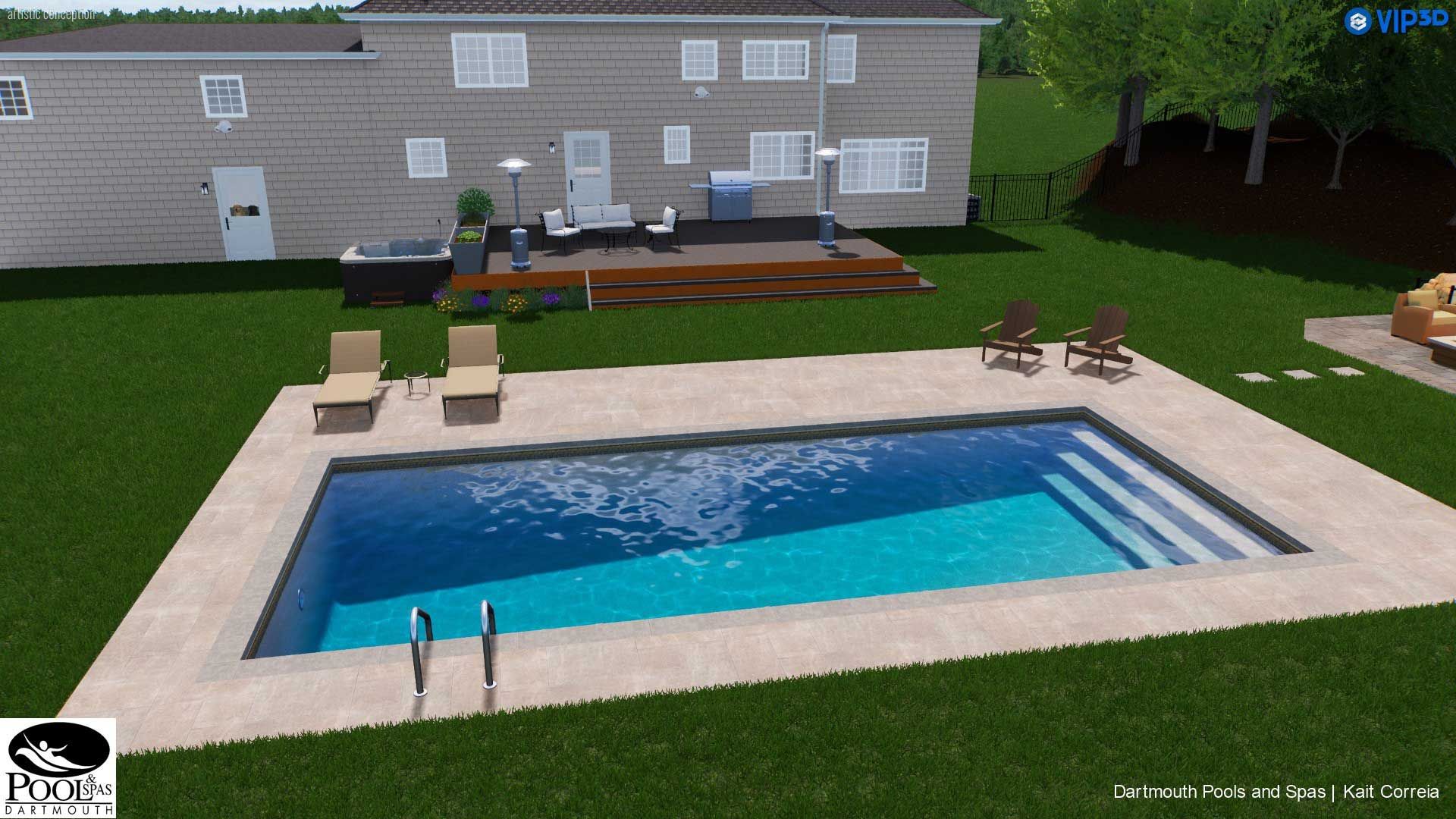 Backyard with a rectangular swimming pool, lounge chairs, patio, and a house in the background