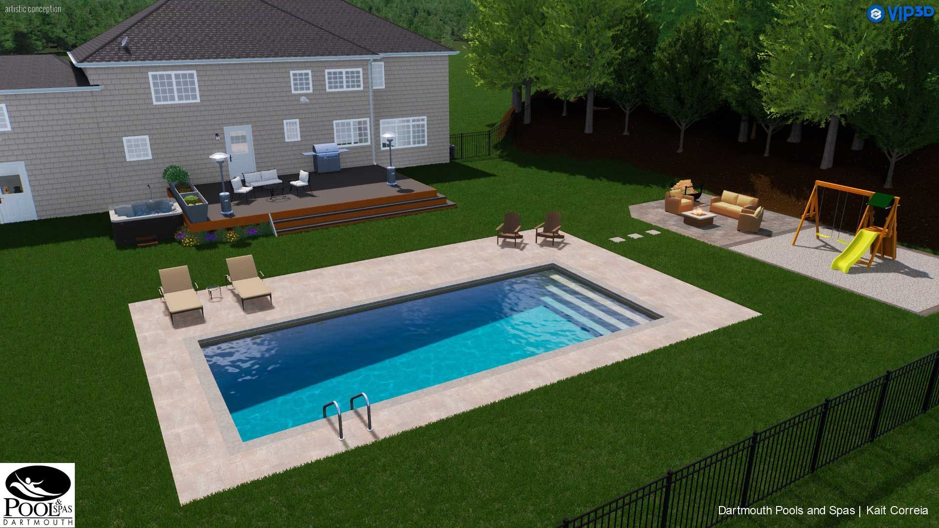 Backyard with rectangular swimming pool, lounge chairs, outdoor dining set, grill, and children’s play area