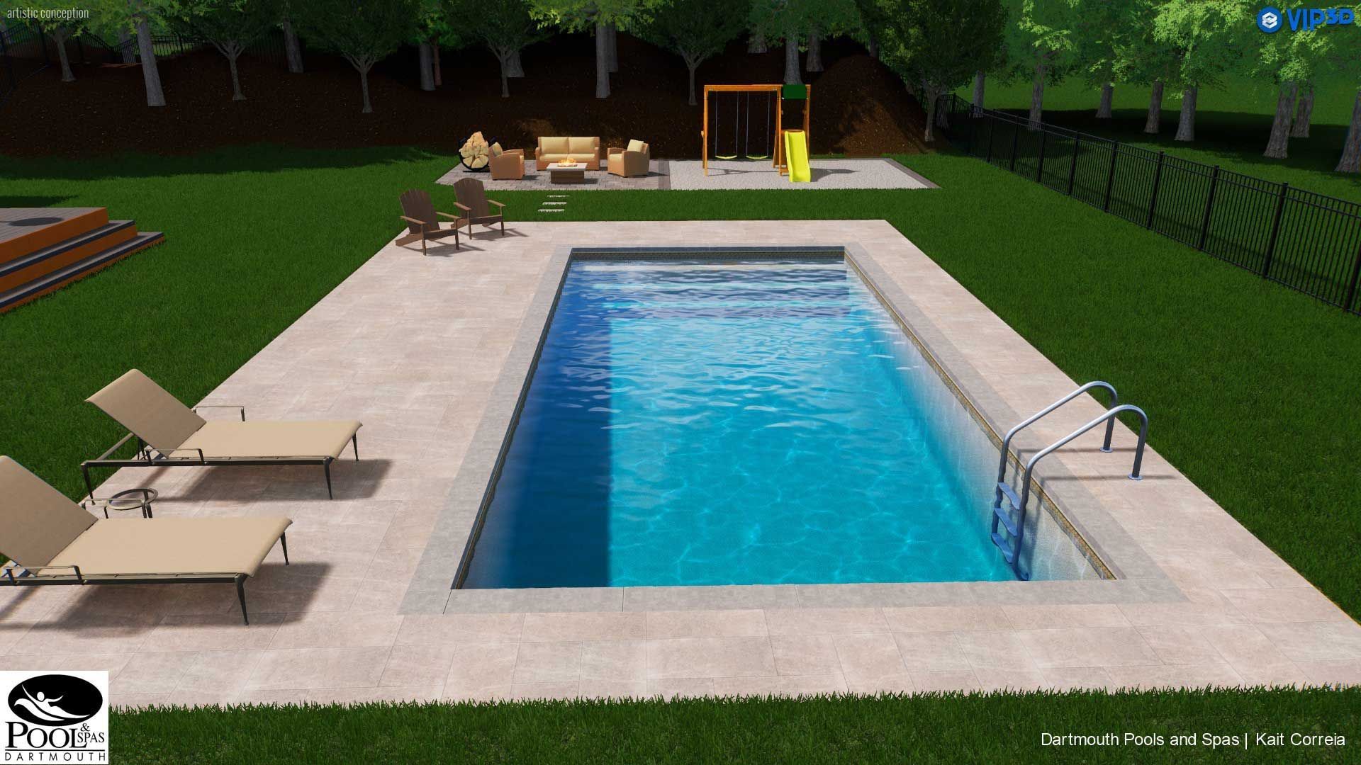 Backyard swimming pool with beige lounge chairs, green lawn, and a playset in the background.