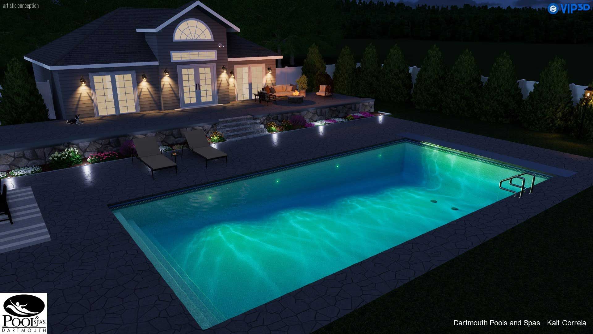 Nighttime backyard with illuminated modern house and glowing swimming pool surrounded by lounge chairs.