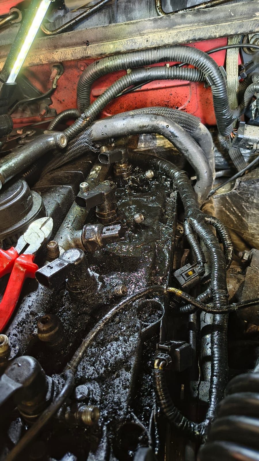 Compartimento del motor grasiento, con mangueras y cables enredados, cubierto de aceite y mugre.