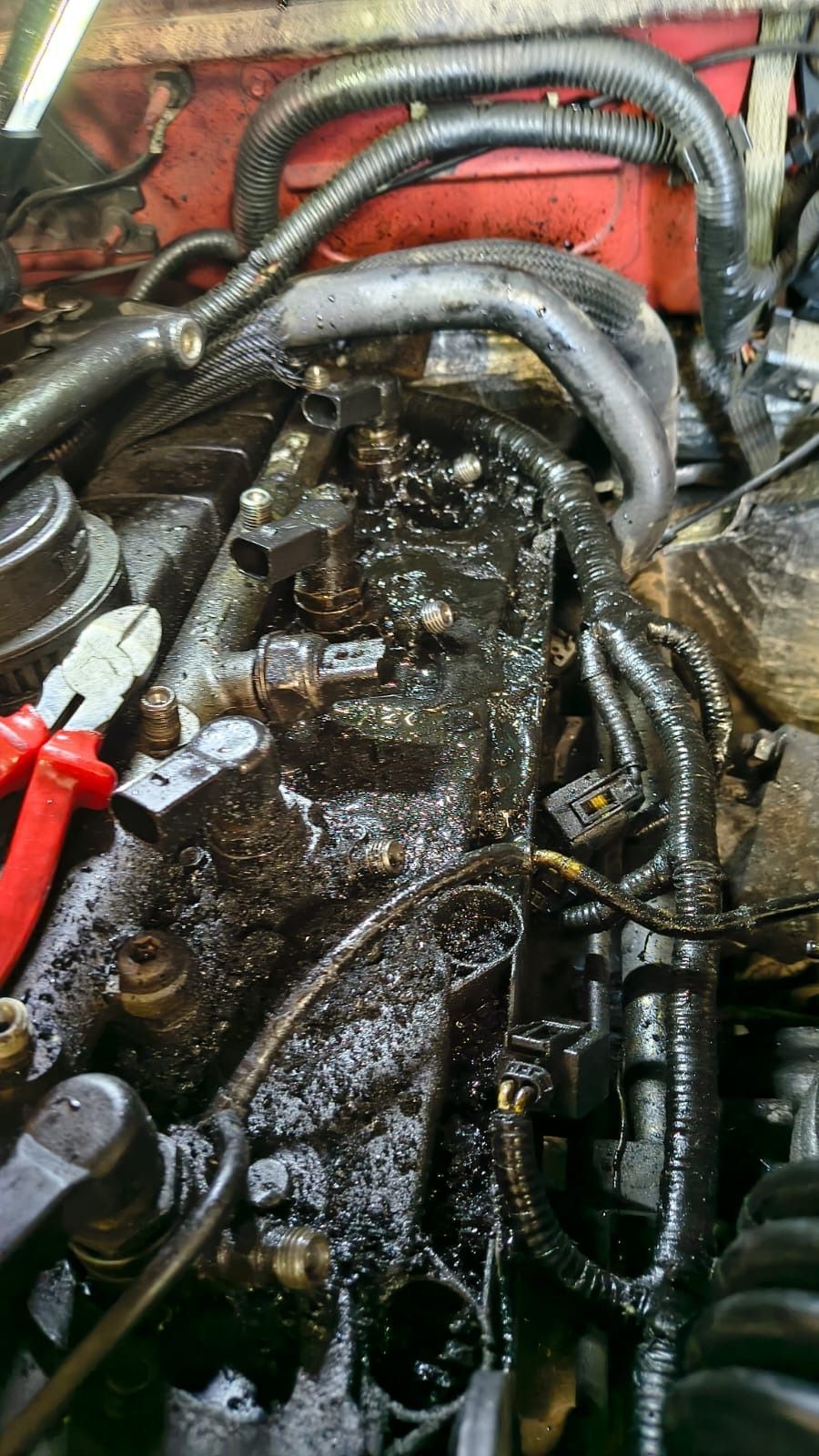 Mangueras y cables del motor, enredados y grasientos, se encuentran en un compartimento mecánico estrecho, con tubos rojos y negros.