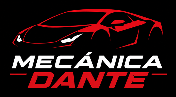 Logotipo de un coche deportivo rojo sobre el texto “MECÂNICA DANTE” sobre un fondo negro.