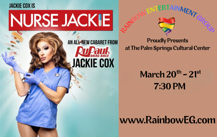 A drag queen, Jackie Cox, in a nurse uniform, advertising her cabaret show