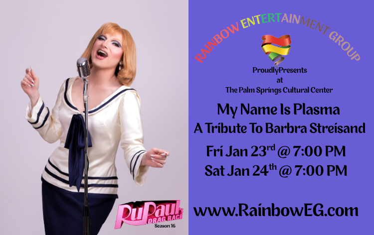 A drag queen in a sailor-style outfit performs a tribute to Barbra Streisand. Event details listed on purple background.