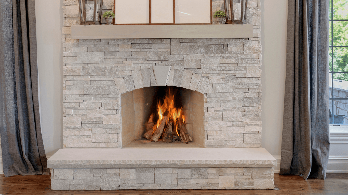 stone veneer on fireplace in white finish