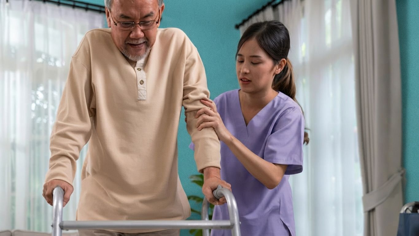 Caretaker helping an elderly man with a walker in a bright room