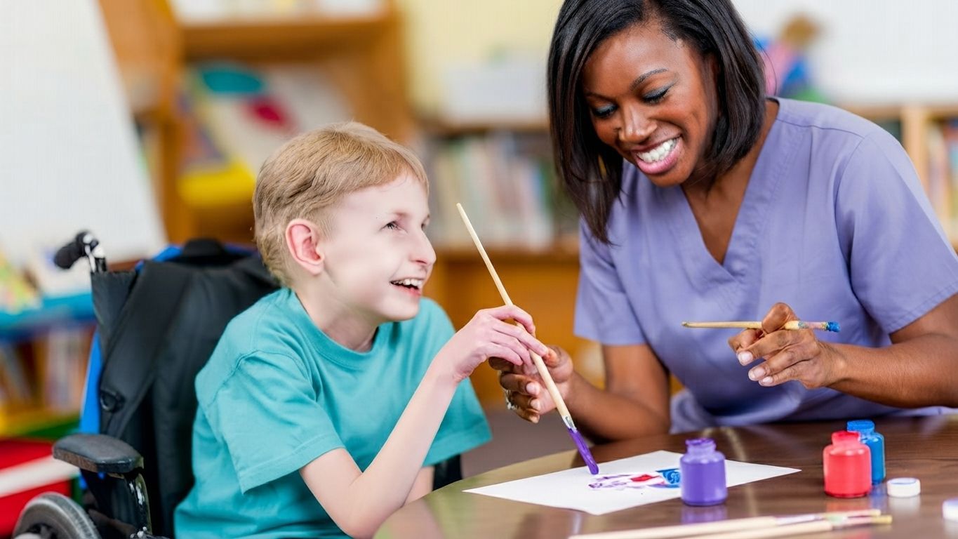 Adult and child painting together at a table, smiling in a bright classroom