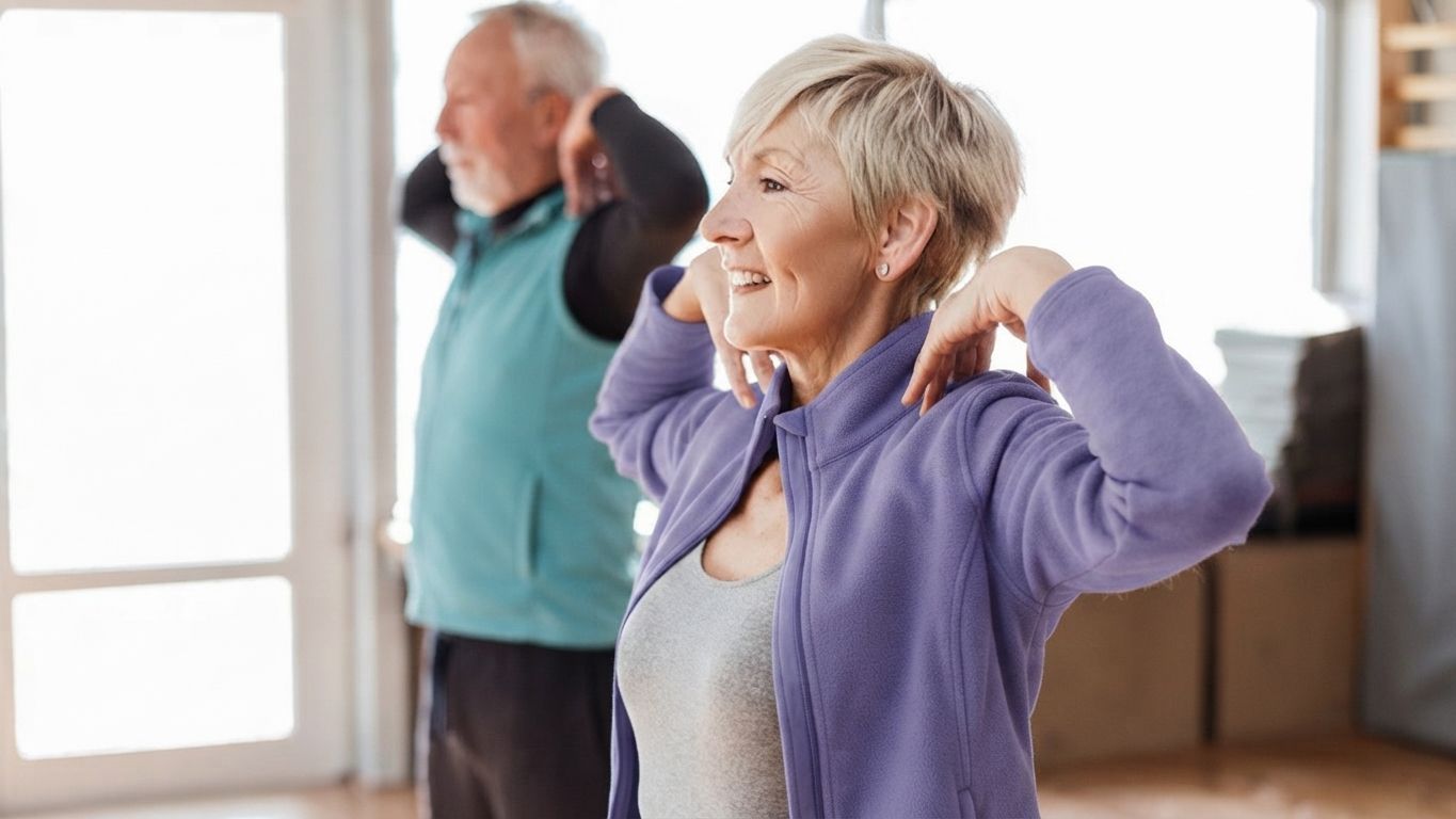 Two people exercising indoors, smiling and stretching with hands behind their heads.
