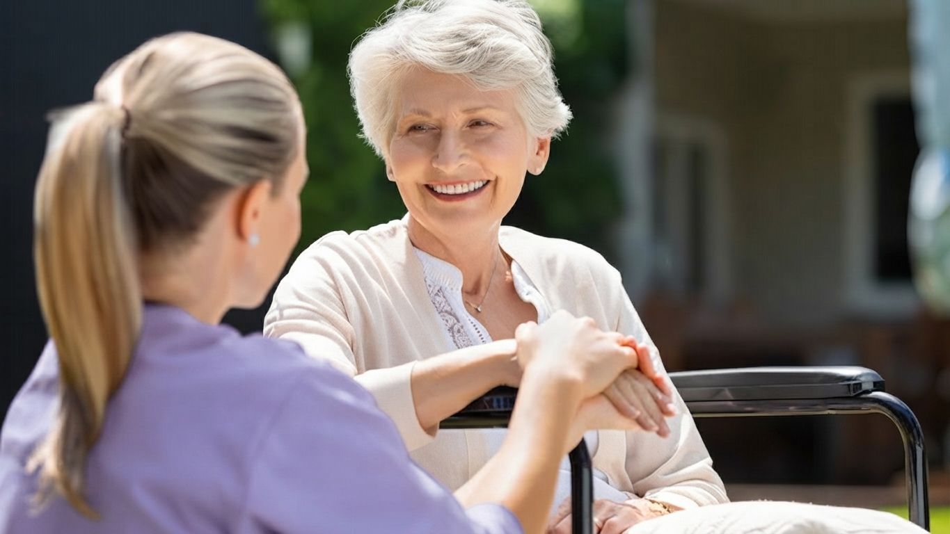 Two women smiling and talking outdoors, one seated in a wheelchair, holding hands with the other.