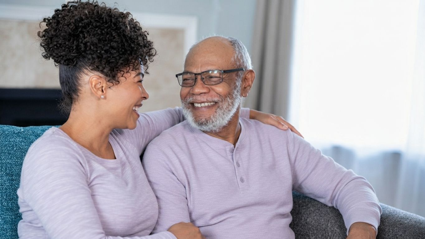 Two people smiling on a couch, talking in a bright living room