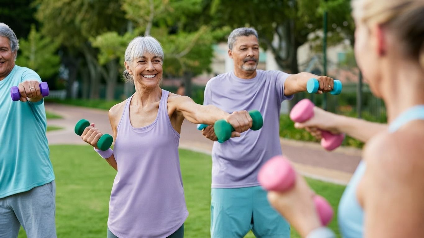 People exercising with dumbbells in a park, smiling and stretching together.