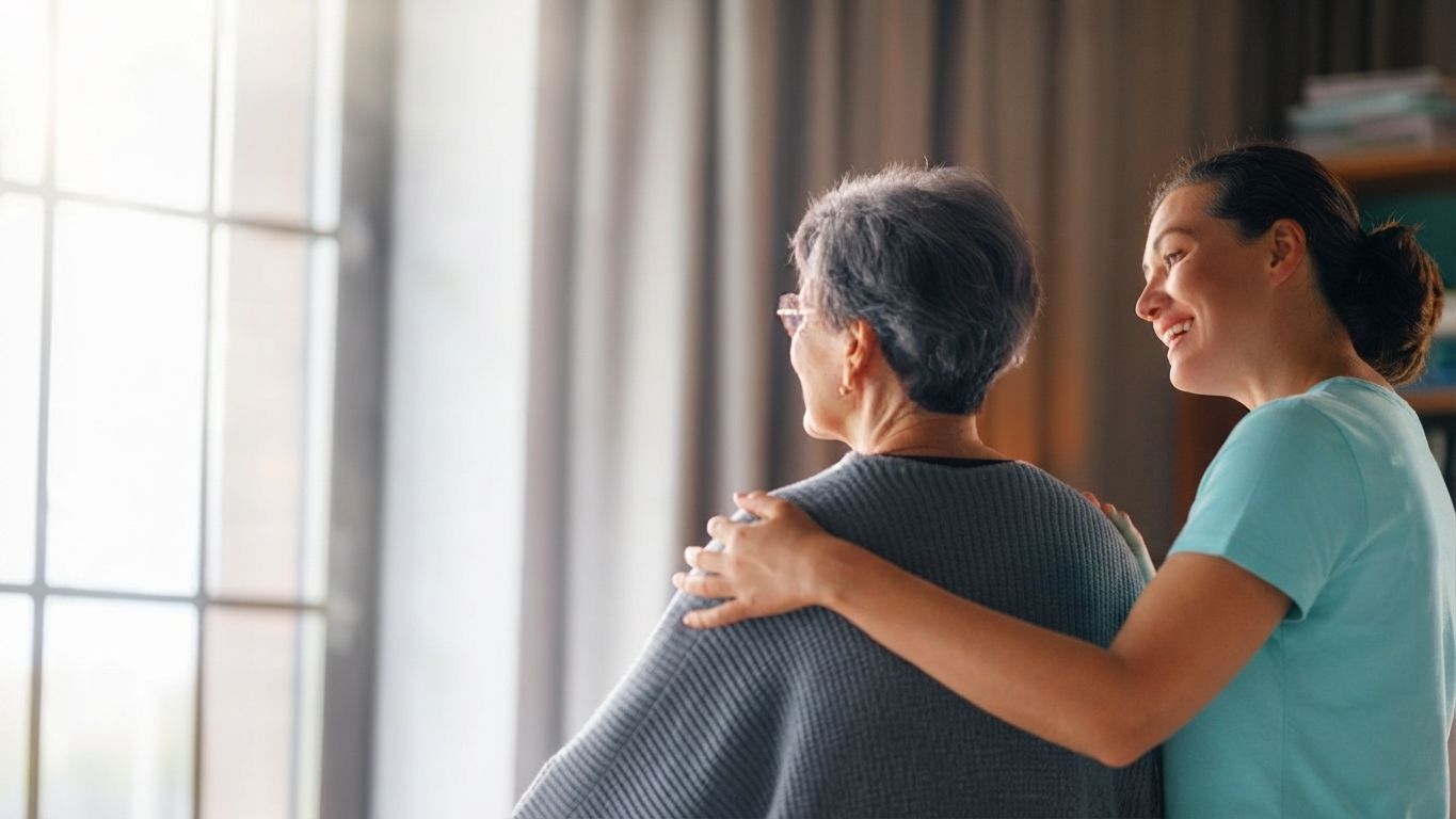 Woman gently massages another person’s shoulders by a sunlit window, both smiling.