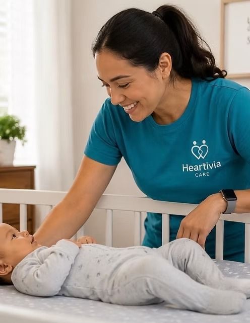 Caregiver in teal shirt gently smiling at baby lying on a crib mattress indoors