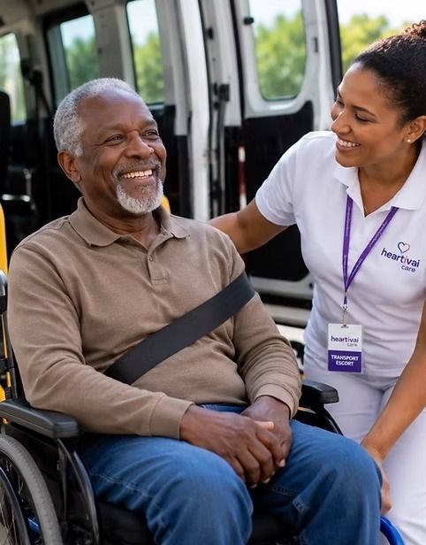 A smiling man in a wheelchair talks with a caregiver in a white uniform beside a van.