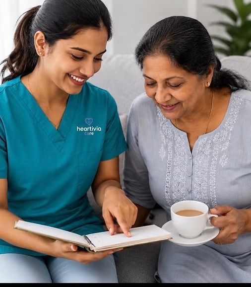 Two women in teal and gray sit together, reading a book and holding a cup of tea on a couch.
