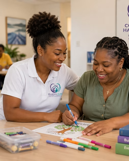 Two women smiling as they color at a table with markers and paper in a bright room