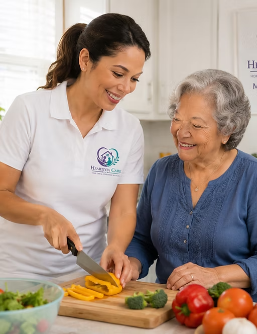 Two women chopping vegetables together in a bright kitchen, smiling over a cutting board