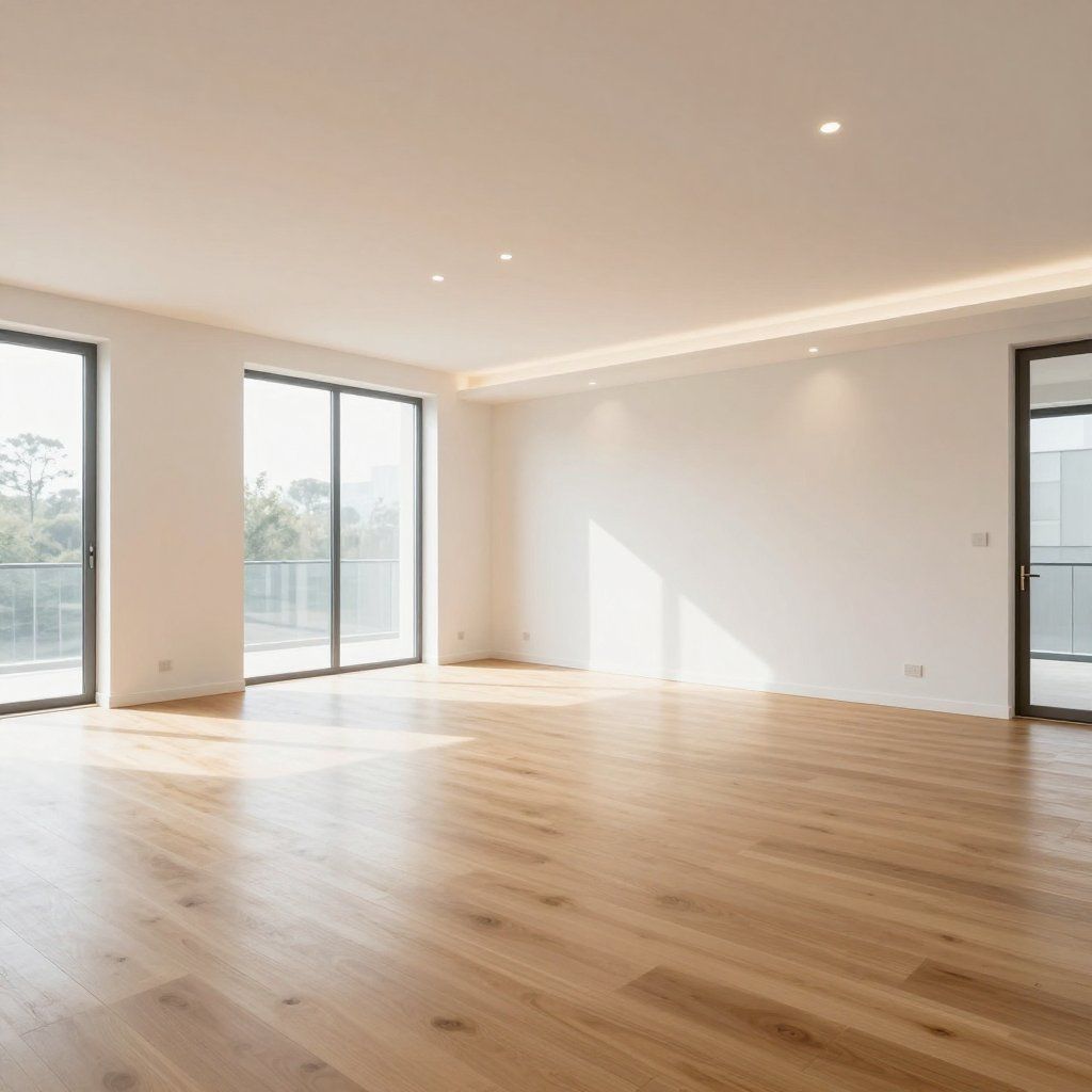 Lichte, lege, moderne woonkamer met lichte houten vloeren, witte muren en grote ramen die veel zonlicht binnenlaten.