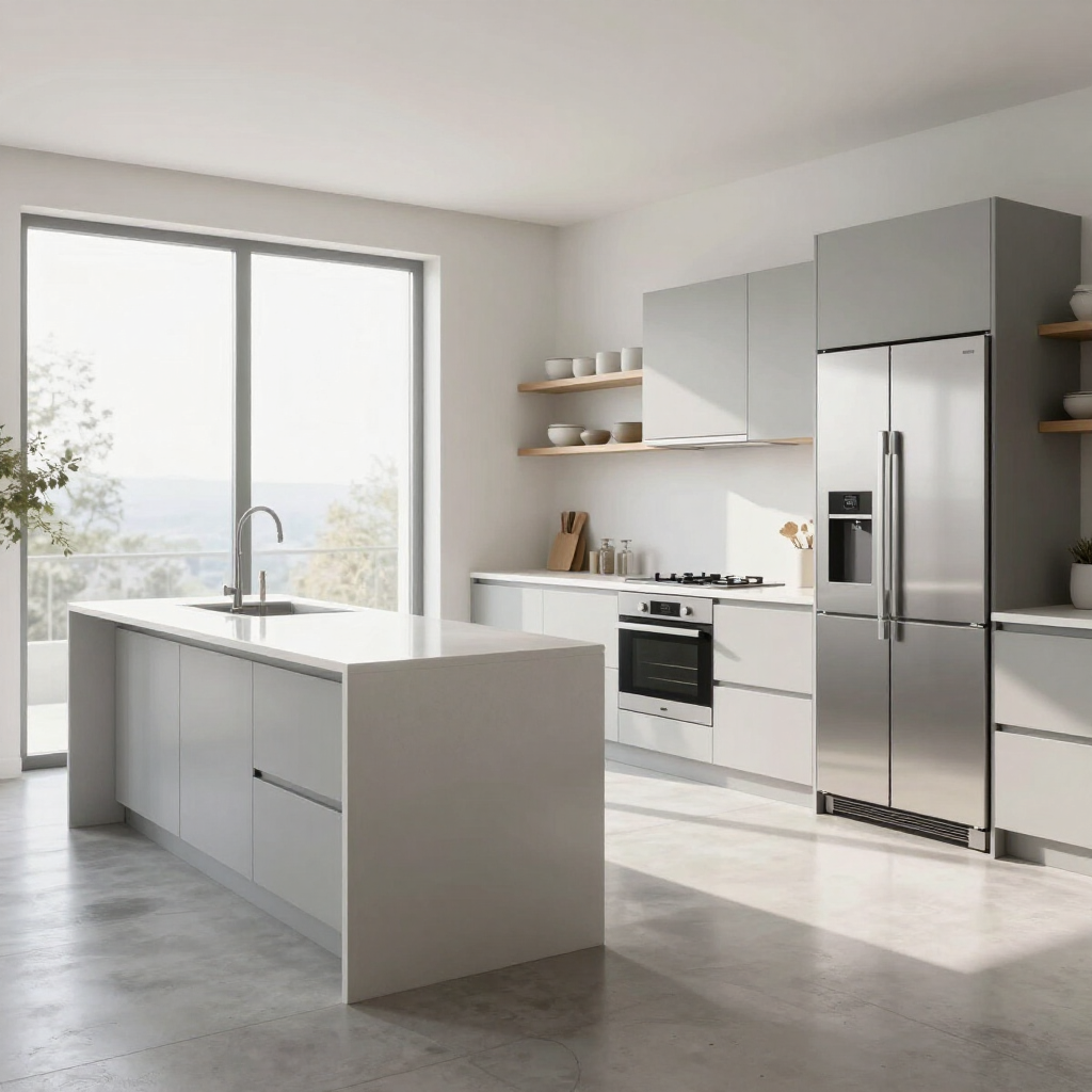 Moderne witte keuken met kookeiland, roestvrijstalen apparatuur, groot raam en lichte houten planken.