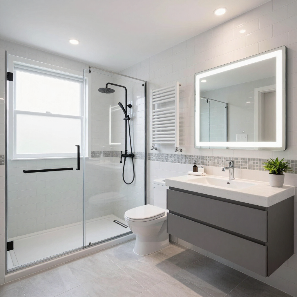 Moderne witte badkamer met glazen douchecabine, wandmeubel, spiegel, toilet en handdoekradiator.