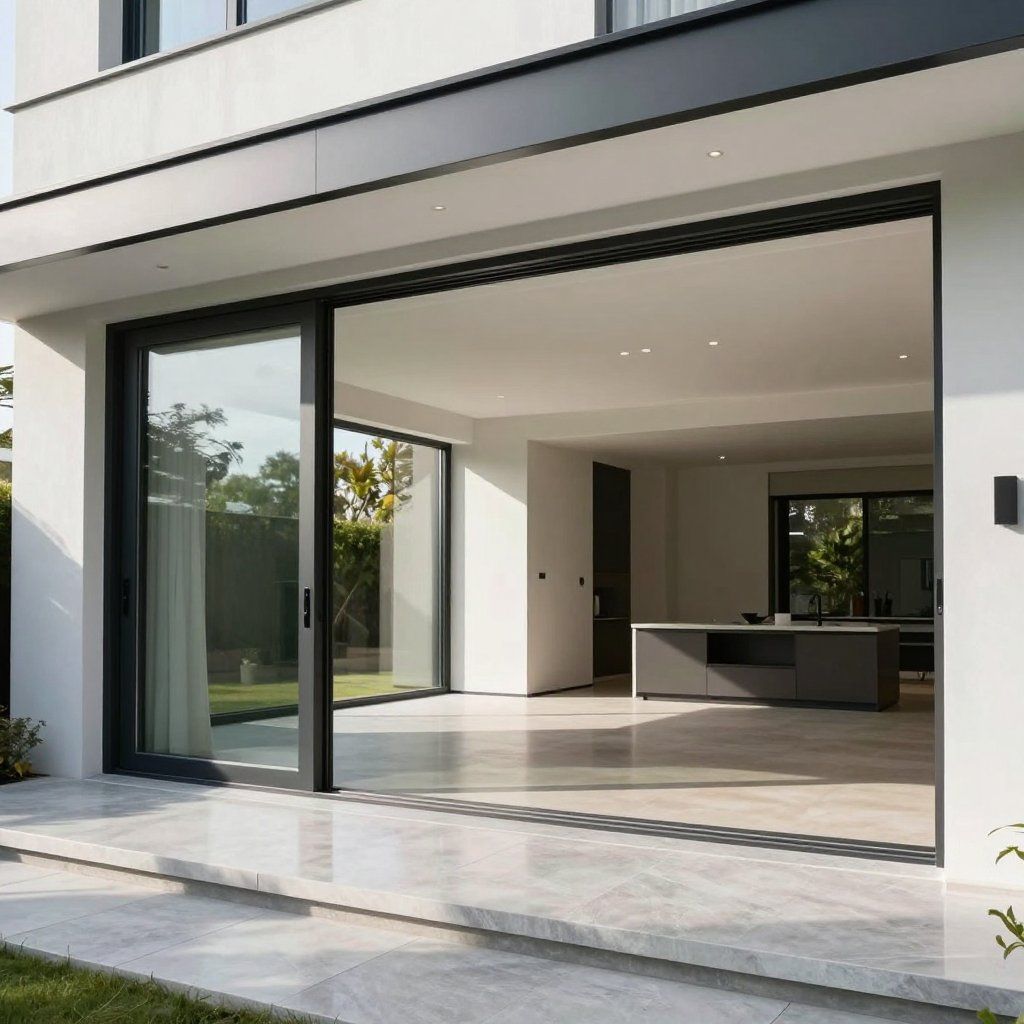 Moderne open woonkamer met grote glazen schuifdeuren die toegang geven tot een terras en tuin.