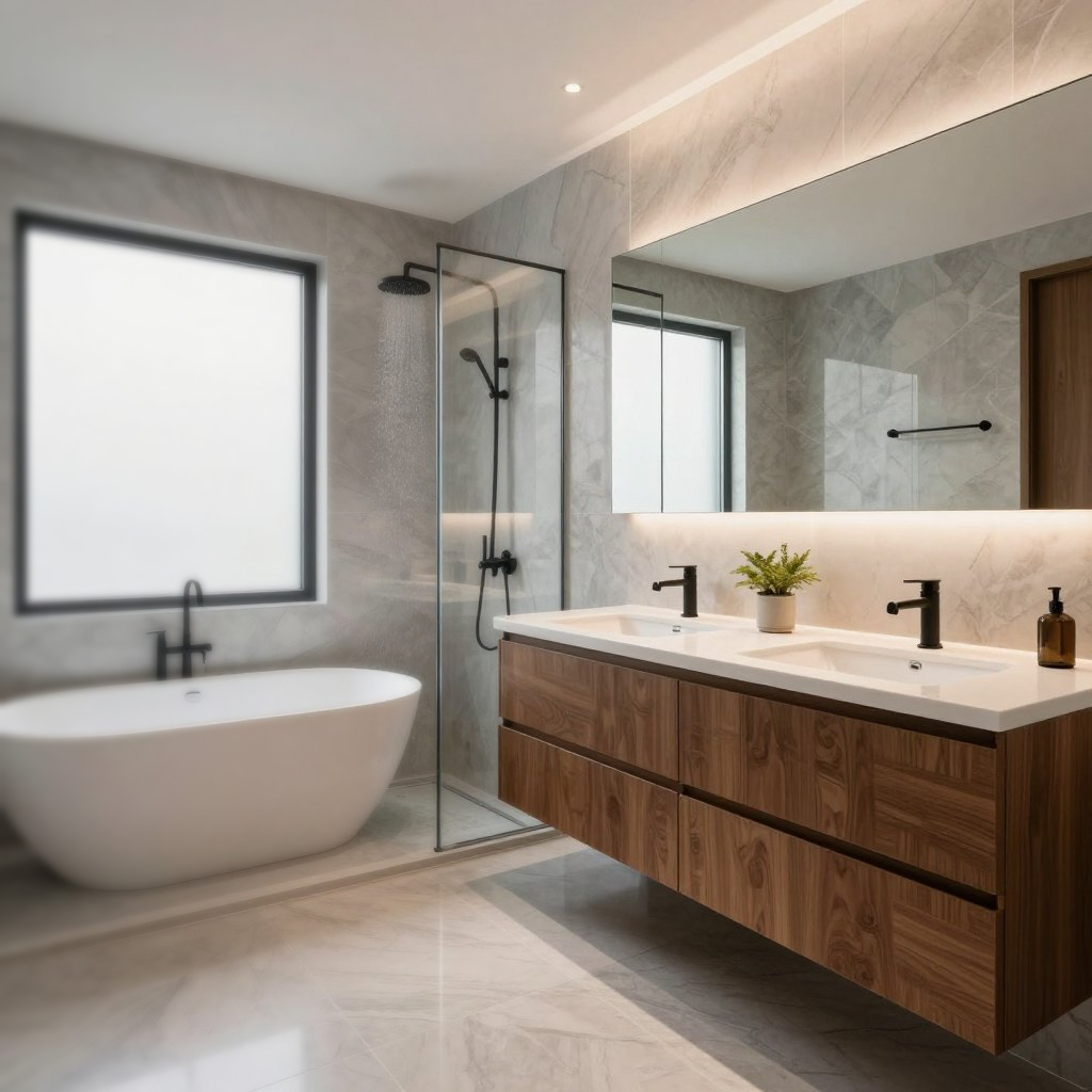 Moderne badkamer met vrijstaand bad, glazen douchecabine, zwevend houten badmeubel en grote spiegel.