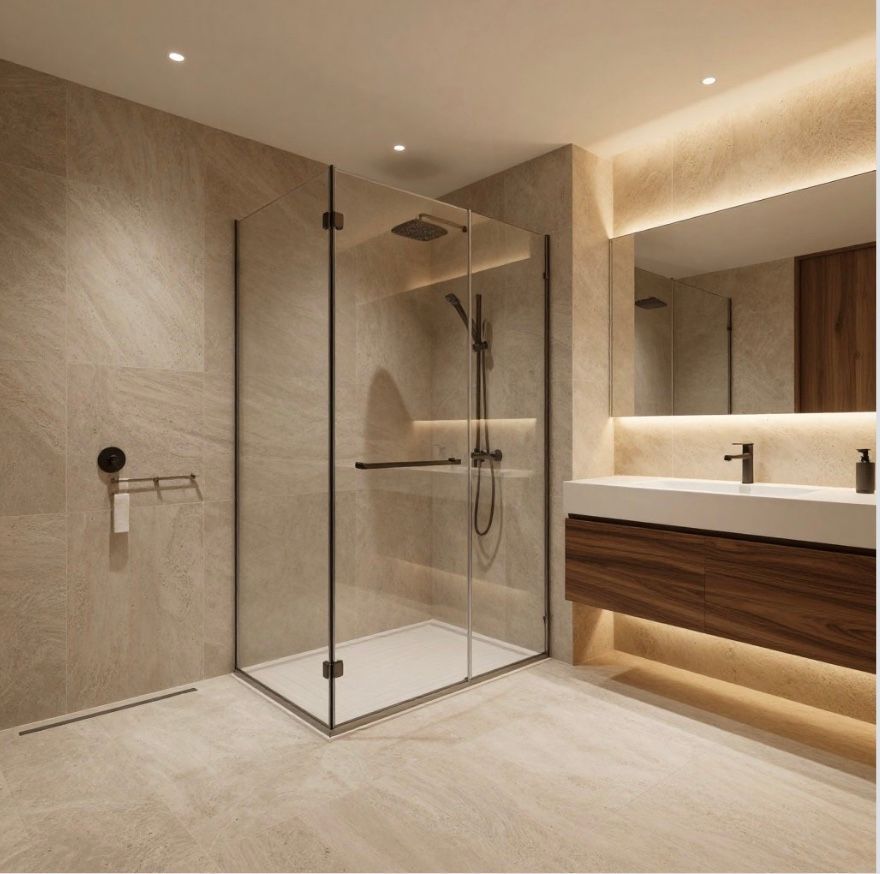 Moderne beige badkamer met inloopdouche van glas, zwevend houten badmeubel en verlichte spiegel.