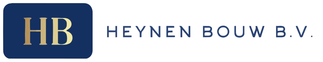 Logo voor Heynen Bouw BV met gouden initialen HB op een donkerblauw vierkant en grijze bedrijfsnaam.