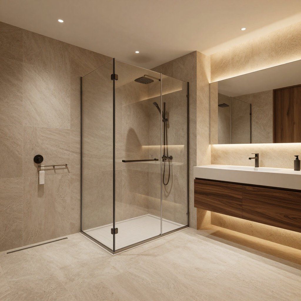 Badkamer met glazen douchecabine, aan de muur gemonteerde toiletrolhouder.