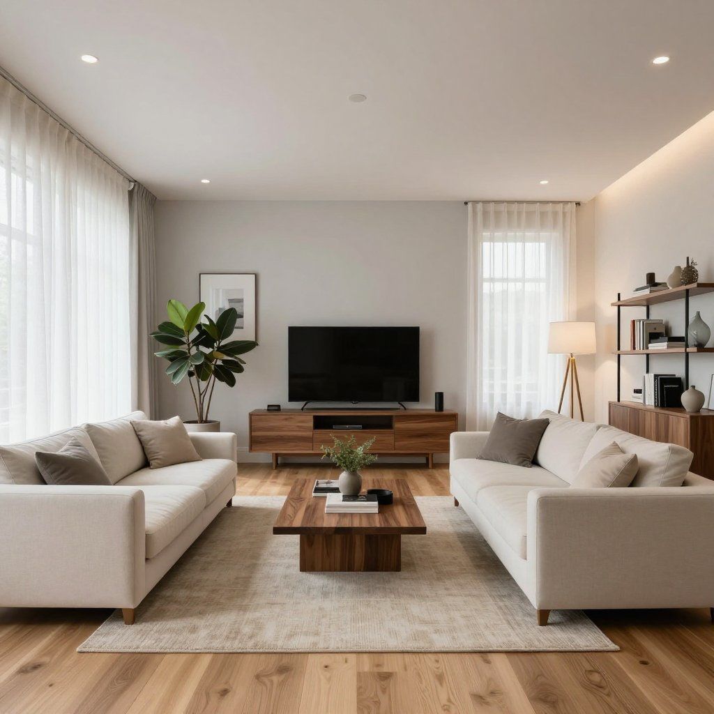 Lichte, moderne woonkamer met twee beige banken, een houten salontafel, tv, planten en grote ramen.