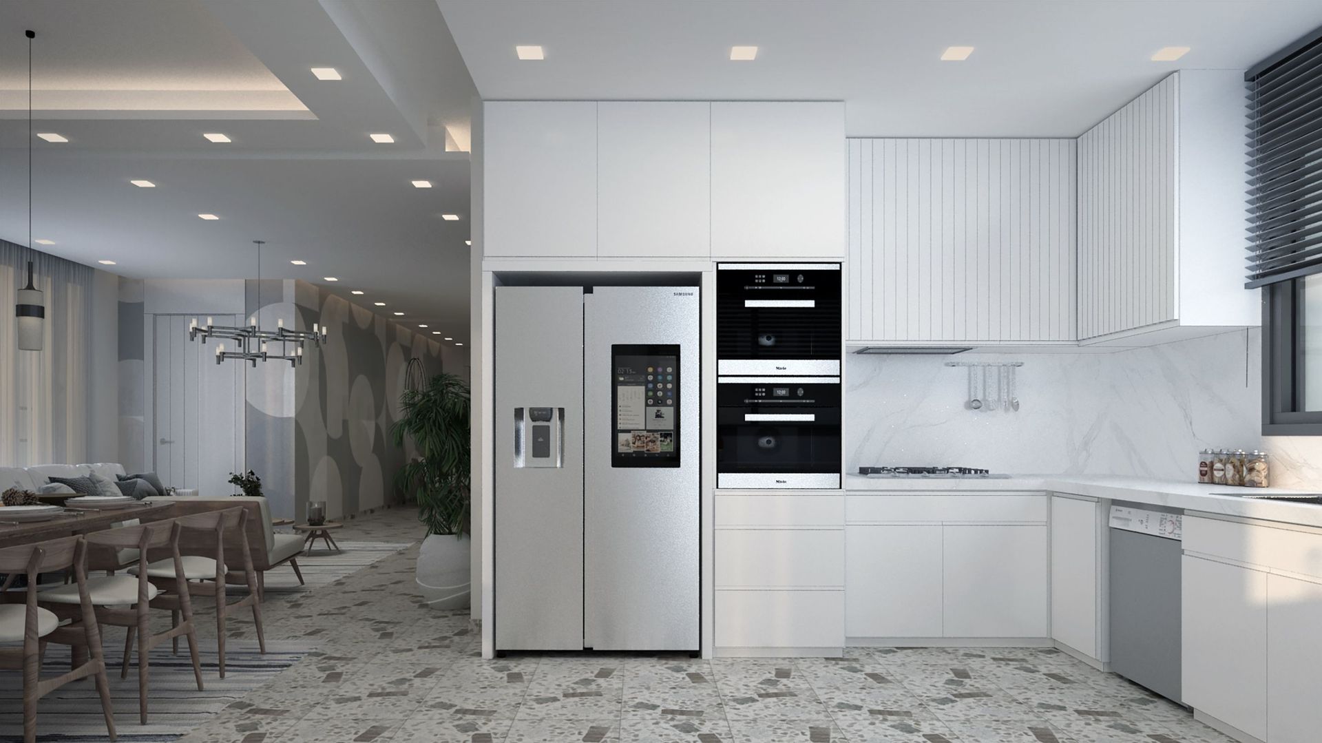 Moderne witte keuken met marmeren vloer, roestvrijstalen koelkast, ingebouwde ovens en een grote glazen eethoek.