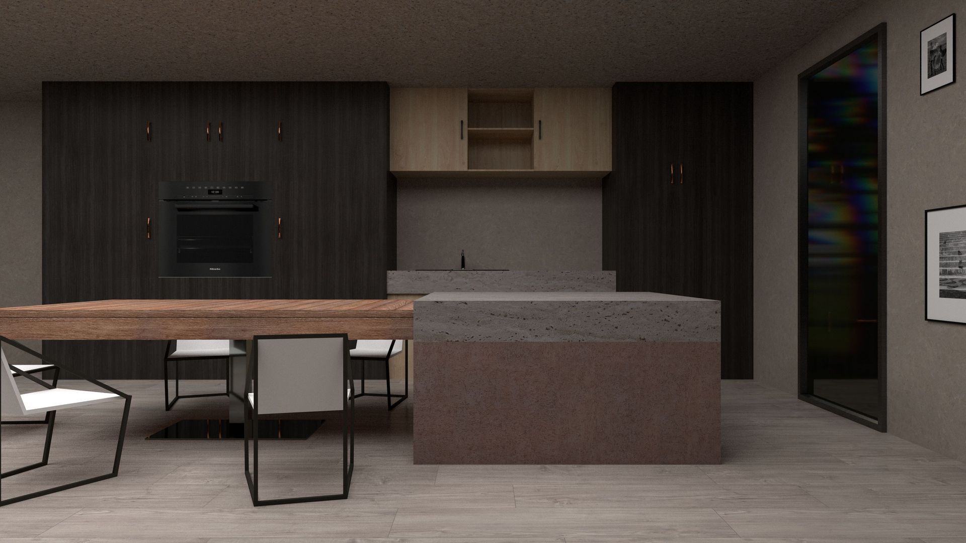 Moderne keuken met donkerhouten kasten, kookeiland, eettafel en wanddecoratie.