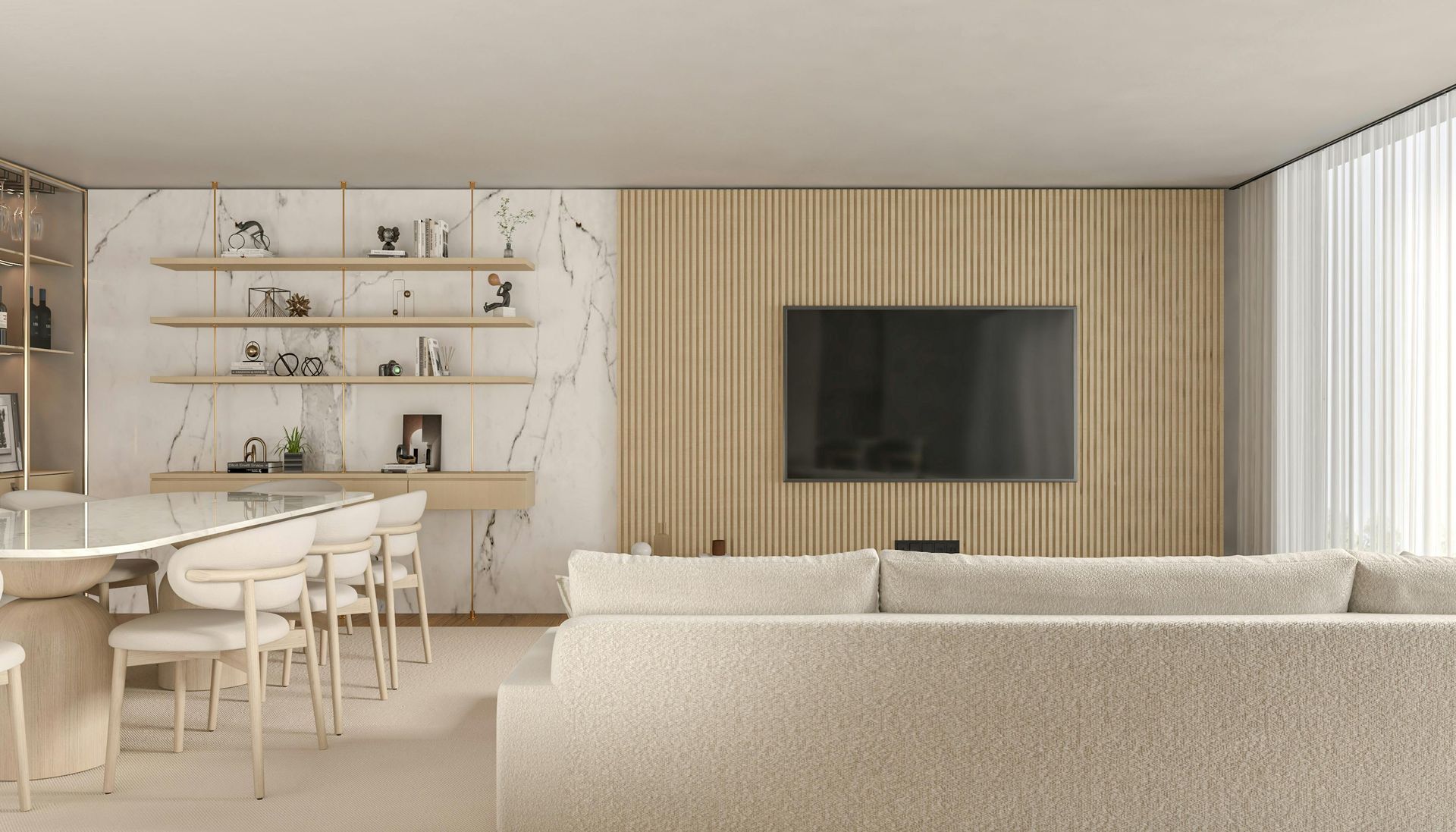 Moderne, minimalistische woonkamer met beige bank, aan de muur gemonteerde tv en eettafel bij een wand met planken.