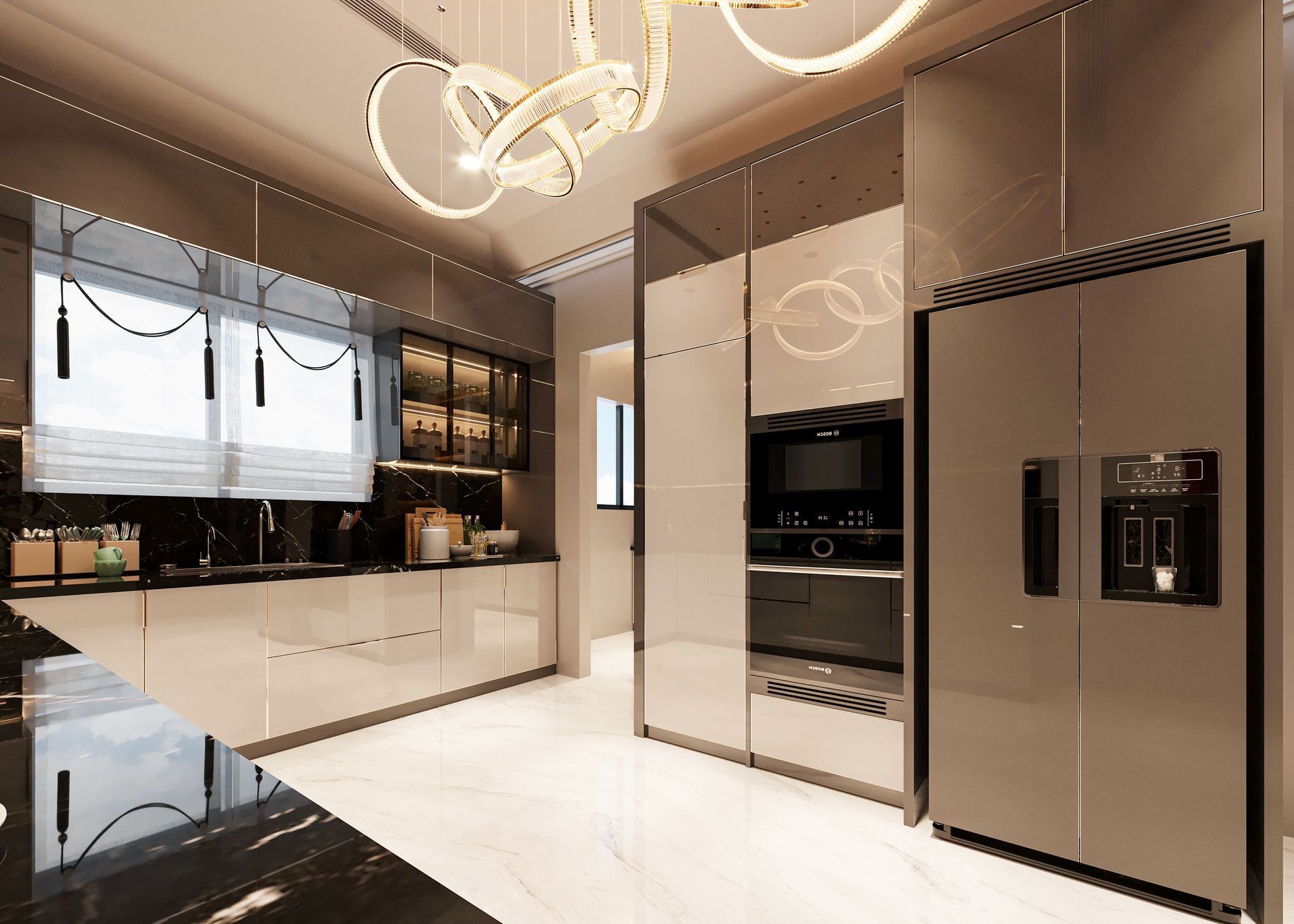 Moderne keuken met beige kasten, inbouwapparatuur, kookeiland en sfeervolle hanglampen.