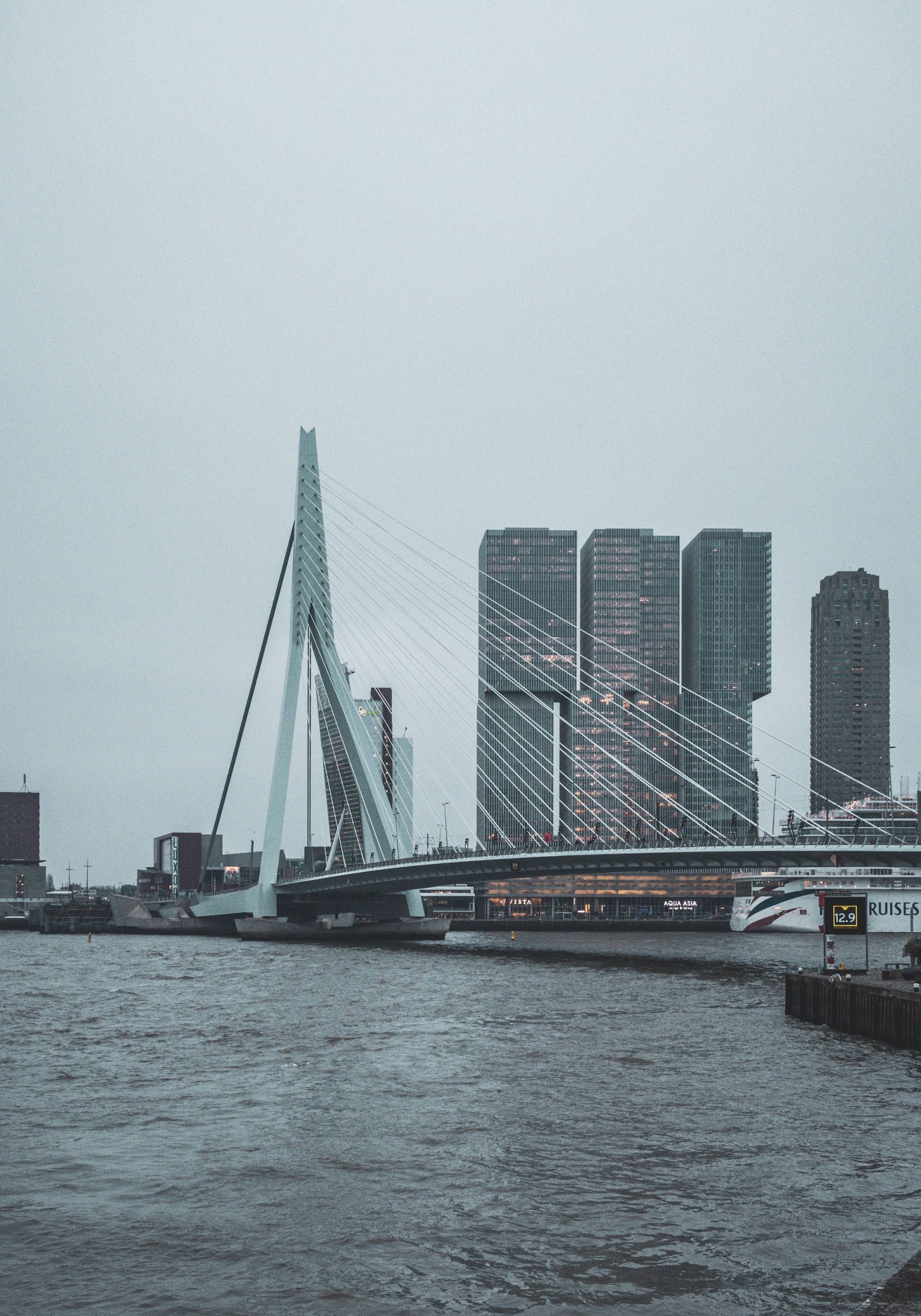 Stadsgezicht met een kabelbrug over een grijze rivier op een bewolkte dag