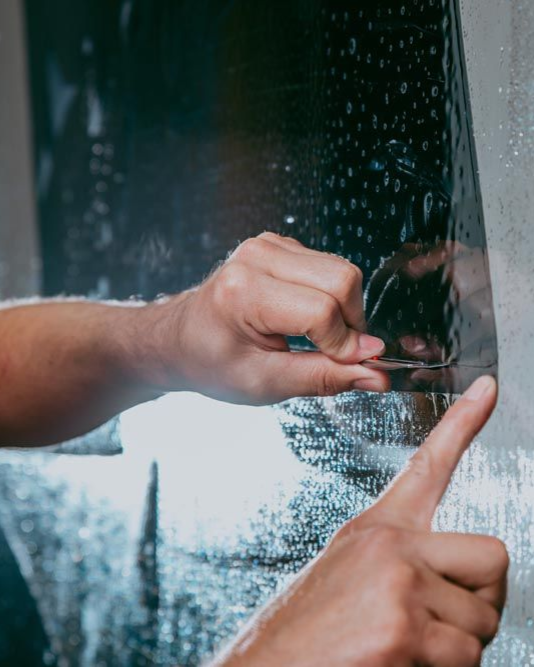 Hands applying window film to a glass pane with a squeegee tool