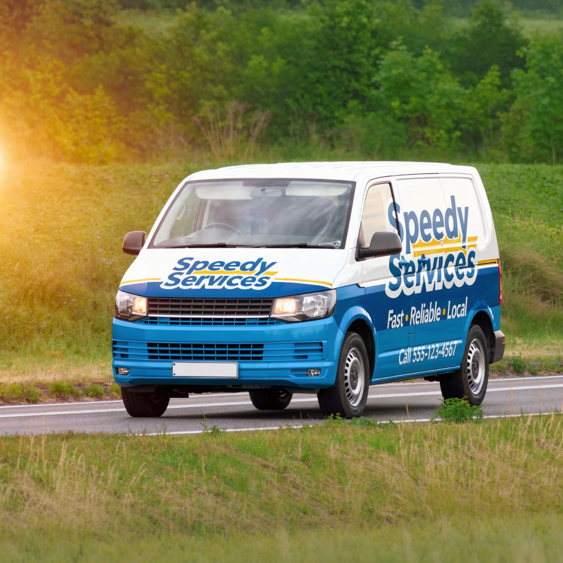 Blue and white Speedy Services van driving on a rural road beside grassy fields