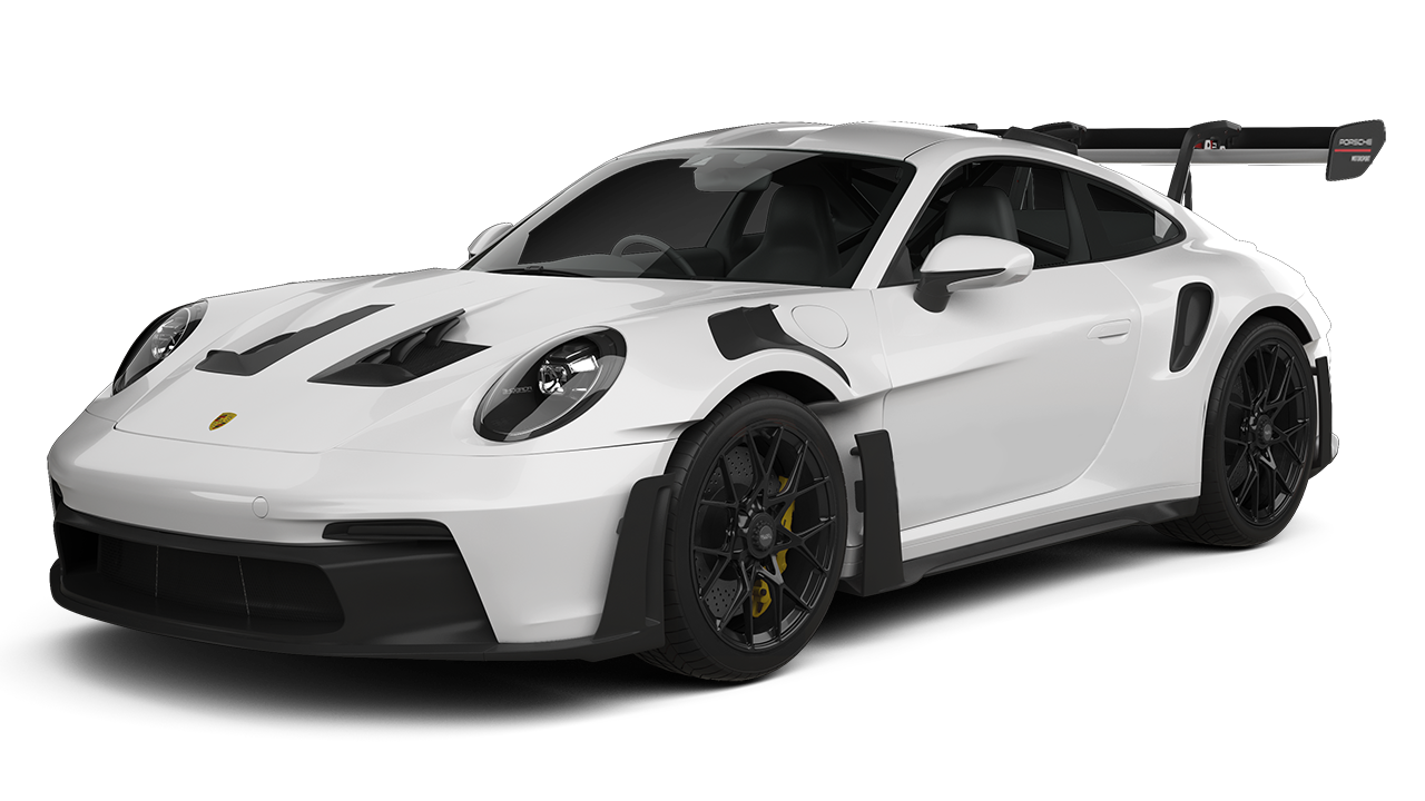 White Porsche 911 sports car with a black rear wing on a white background