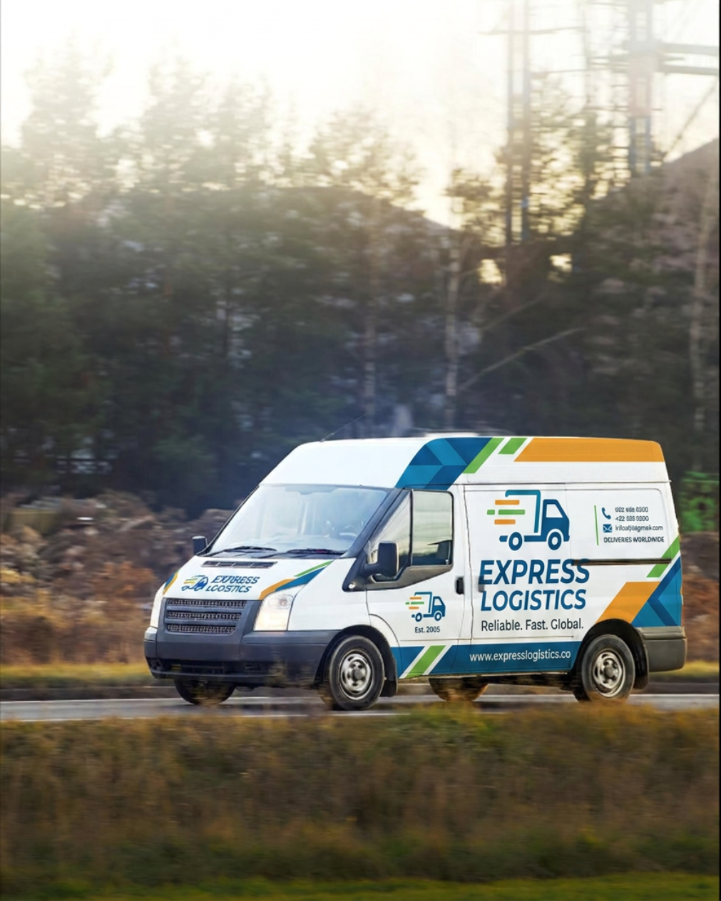 White Express Logistics delivery van driving on a road beside a wooded area at sunset.