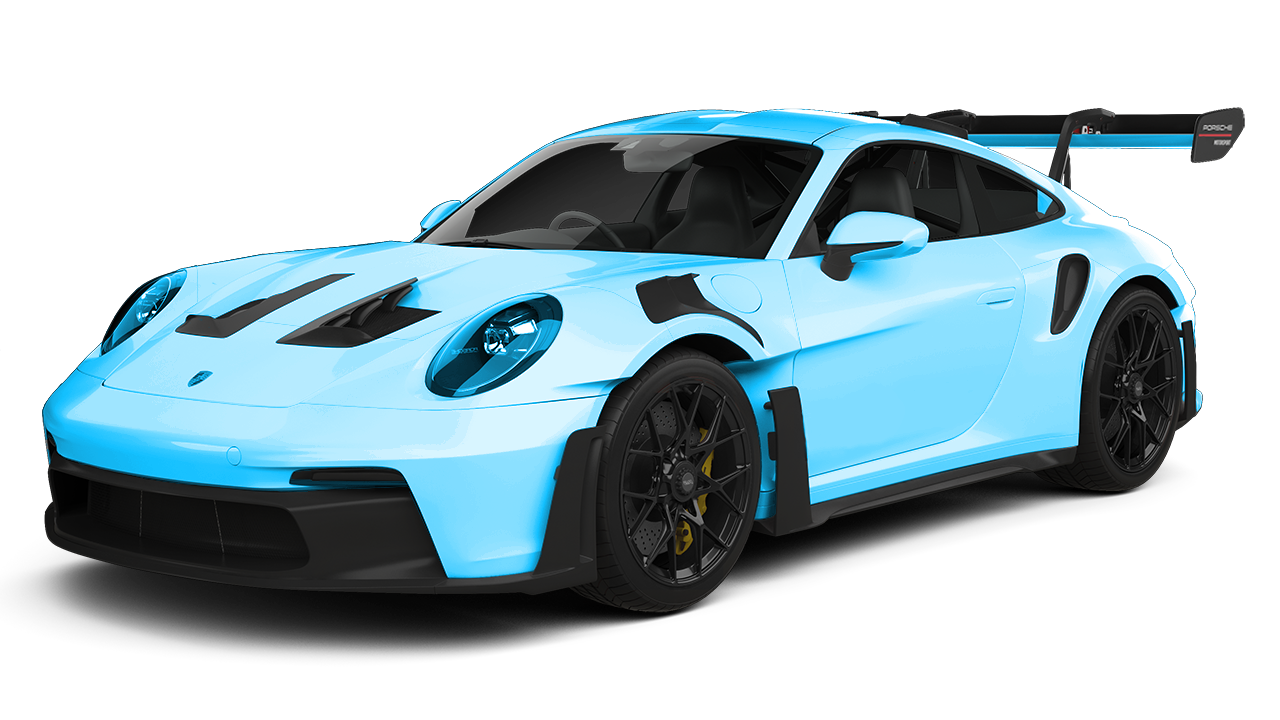 Light blue sports car with black accents and rear spoiler on a white background