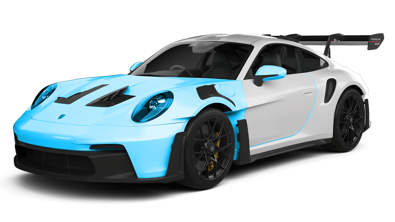 Blue-and-white sports car with a large rear spoiler, shown on a white background