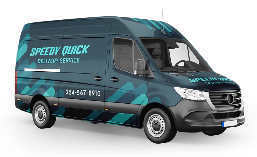 Teal and black delivery van with “Speedy Quick” branding on a white background