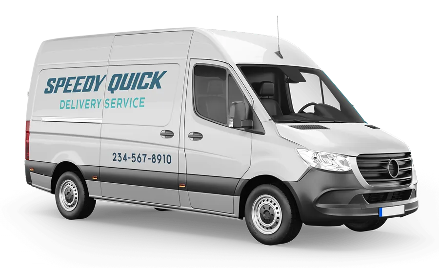 White delivery van with “Speedy Quick Delivery Service” logo and phone number on the side