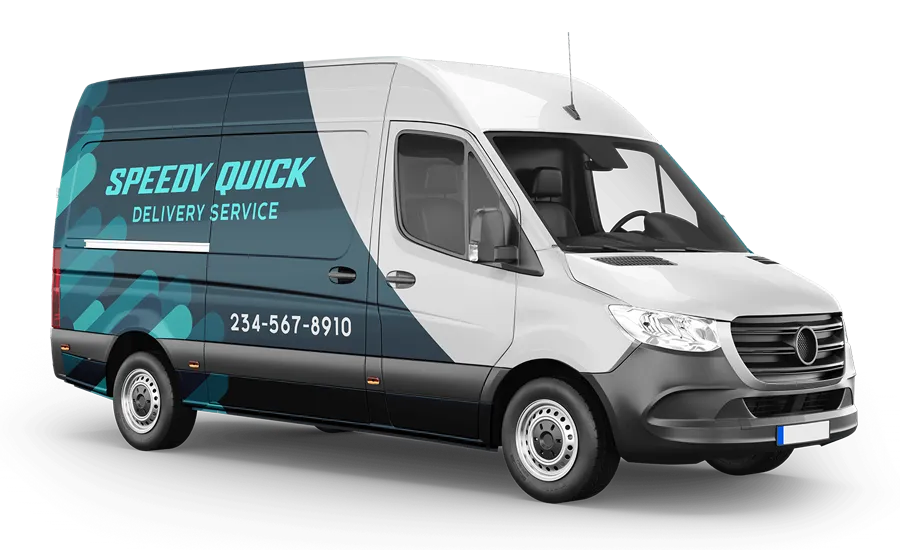 White delivery van with teal “Speedy Quick” branding and phone number on the side