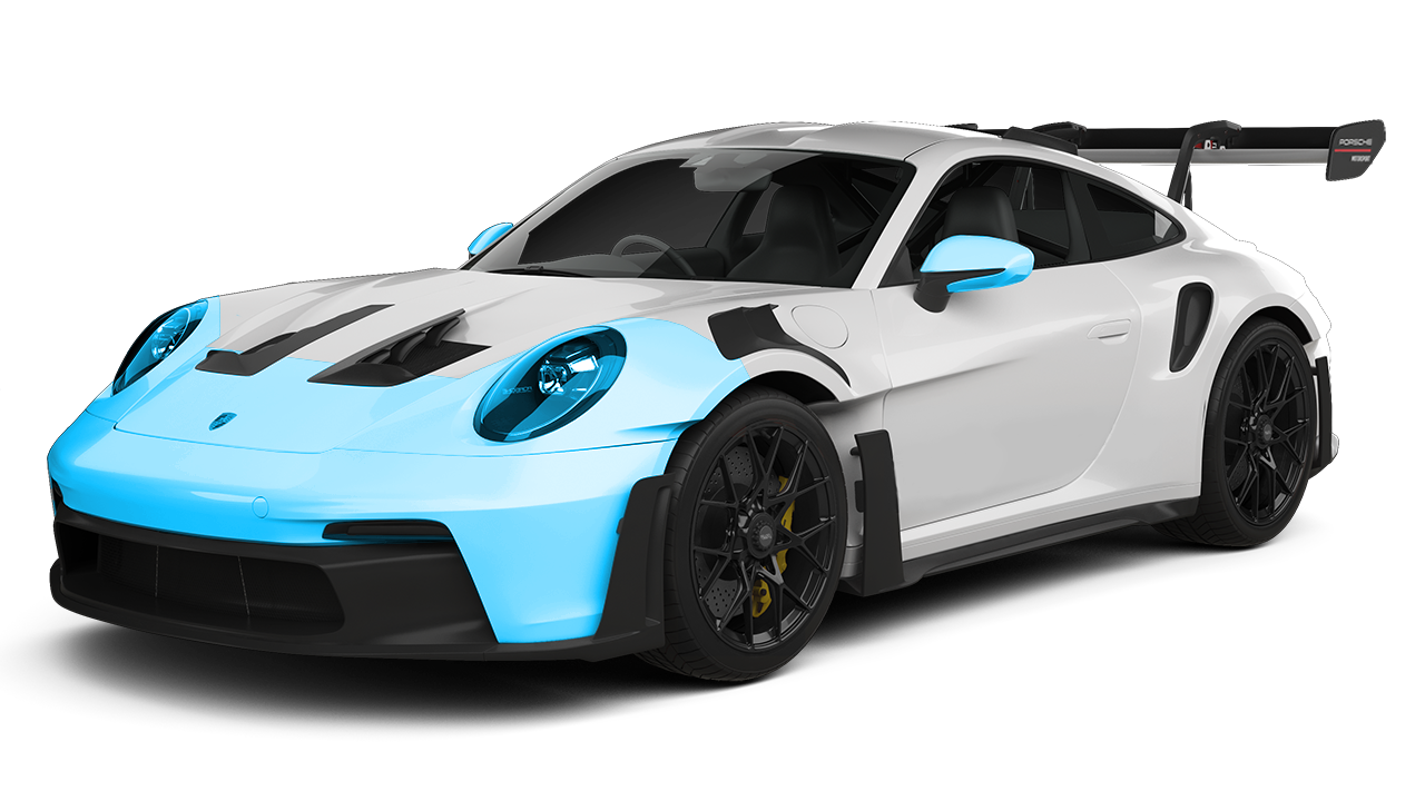 White and blue sports car with black wheels and large rear wing on a white background
