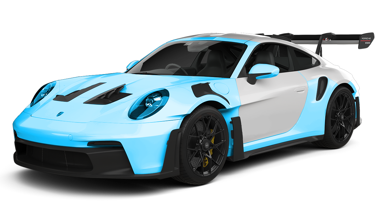 Light blue and white sports car with a black rear wing on a white background