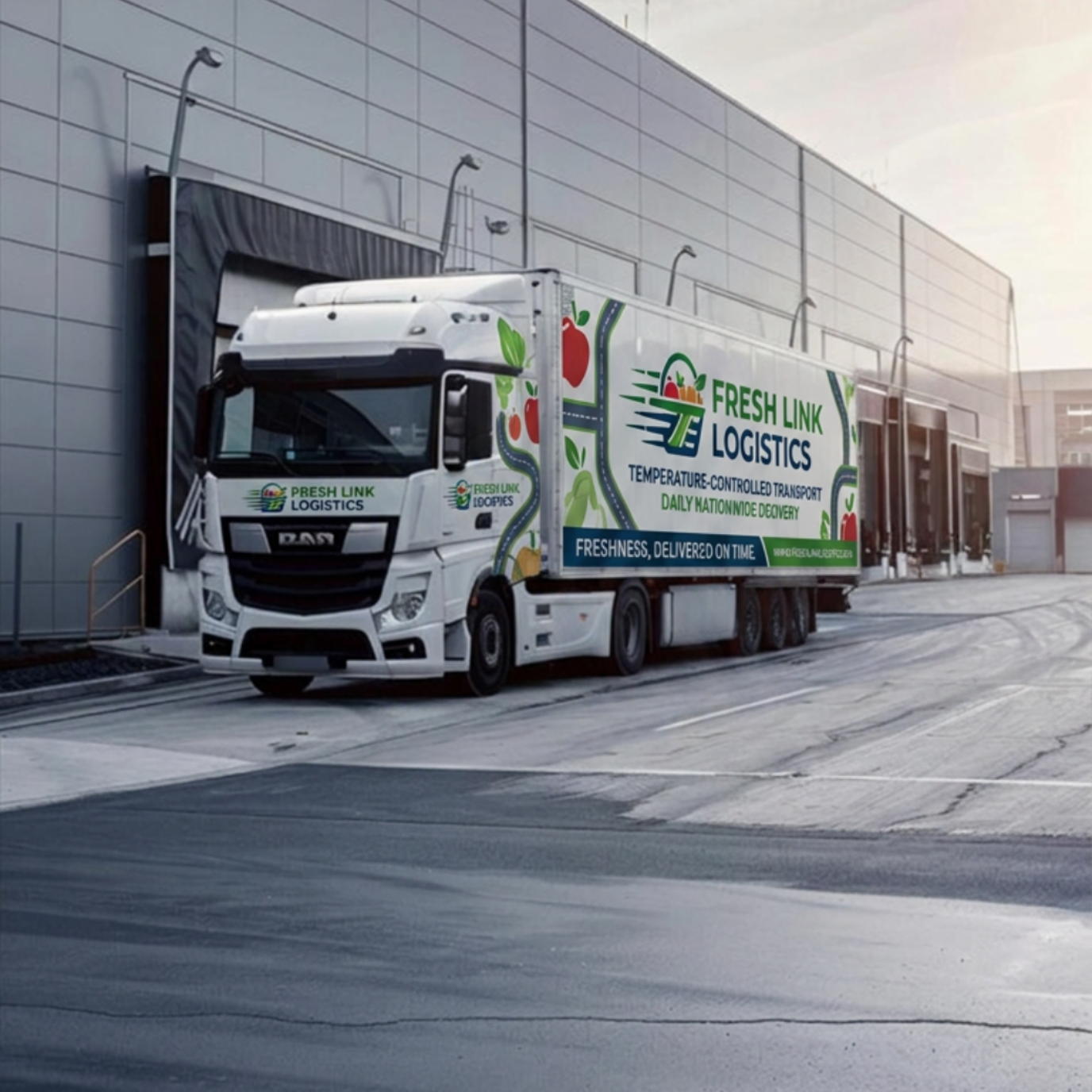 White delivery truck parked outside a warehouse on a snowy loading dock, with Fresh Line Logistics branding
