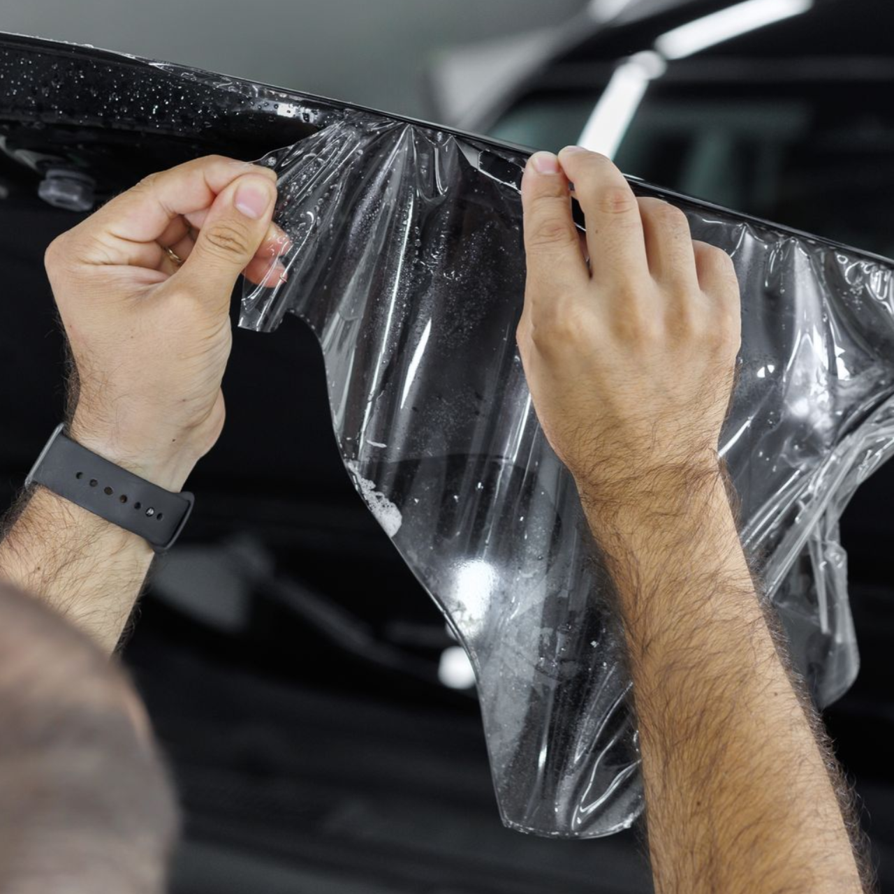 Hands removing clear protective film from a black car surface.