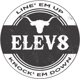A black and white logo for Club elev8 knock em down